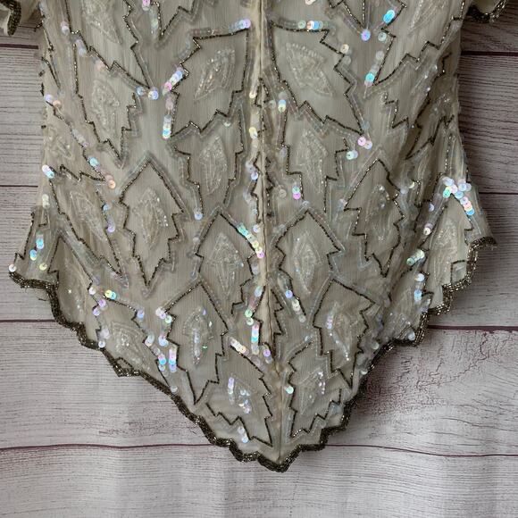 Vintage Lawrence Kazar White Evening Top Formal Beaded Sequin Blouse Size Medium - Picture 7 of 16